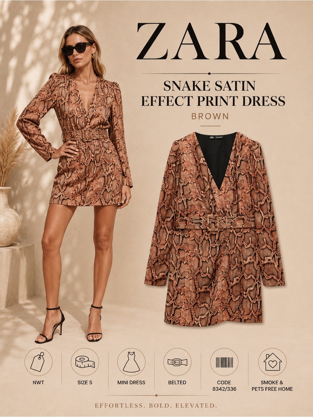 Zara Brown Snake Satin Effect Print Dress Size S NWT Belted Mini Dress